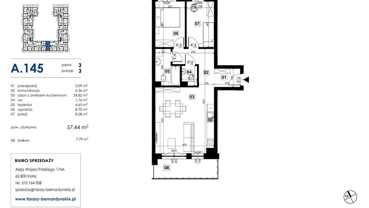 Rzut - Mieszkanie na sprzedaż 3 pokoje o powierzchni 57,44 m² - numer A.145 w Tarasy Bernardyńskie