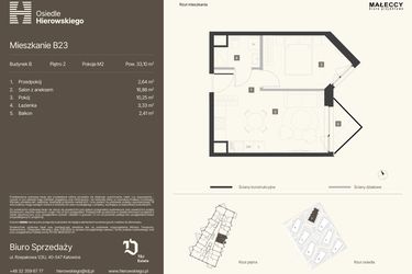 Rzut - Mieszkanie na sprzedaż 2 pokoje o powierzchni 33,1 m² - numer B23 w Osiedle Hierowskiego