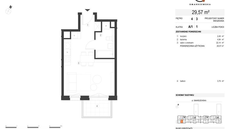 Rzut - Mieszkanie na sprzedaż 1 pokój o powierzchni 29,57 m² - numer A/1/4.3 w Smardzewska 8