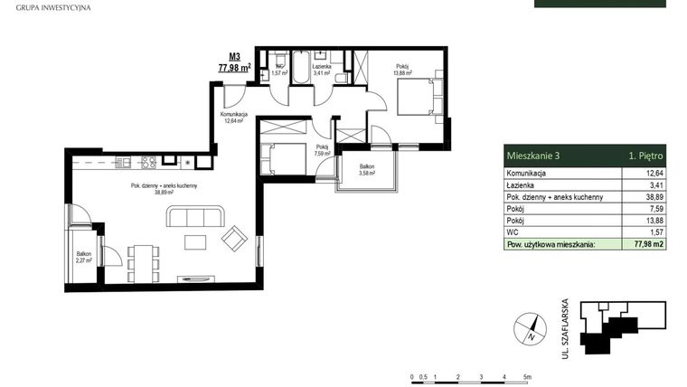 Rzut - Mieszkanie na sprzedaż 3 pokoje o powierzchni 77,98 m² - numer M3 w Szaflarska 9