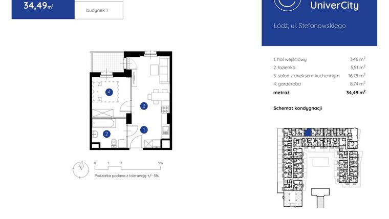 Rzut - Mieszkanie na sprzedaż 1 pokój o powierzchni 34,49 m² - numer 1.B.0.10 w Murapol UniverCity