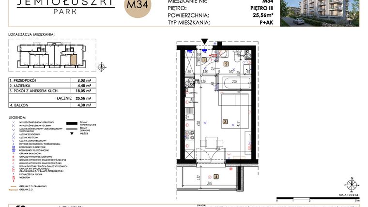 Rzut - Mieszkanie na sprzedaż 1 pokój o powierzchni 25,56 m² - numer A2_M34 w Jemiołuszki Park etap 2