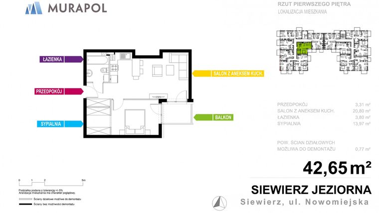 Rzut - Mieszkanie na sprzedaż 2 pokoje o powierzchni 42,65 m² - numer 12.A.1.2 w Murapol Siewierz Jeziorna