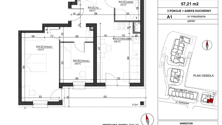 Rzut - Mieszkanie na sprzedaż 3 pokoje o powierzchni 57,21 m² - numer A.1 w Garbarska Urban Koncept