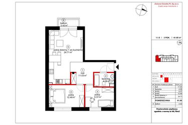 Rzut - Mieszkanie na sprzedaż 3 pokoje o powierzchni 60,78 m² - numer 5 w Czynu Społecznego 65F