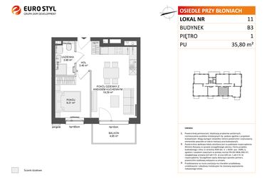 Rzut - Mieszkanie na sprzedaż 2 pokoje o powierzchni 35,8 m² - numer B3.11 w Osiedle Przy Błoniach 3 etap III