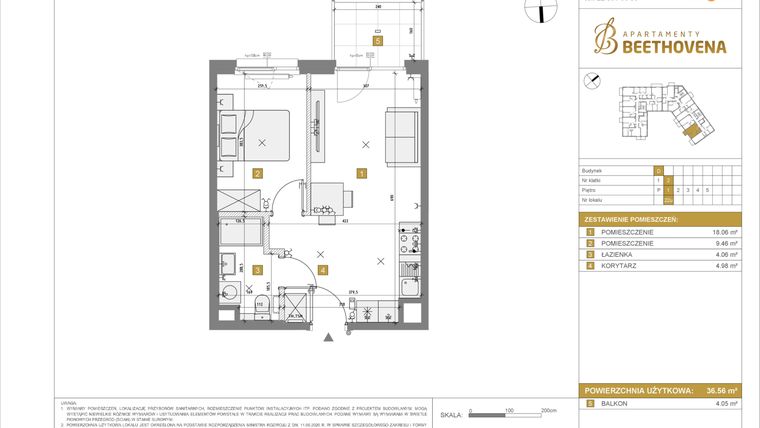Rzut - Mieszkanie na sprzedaż 1 pokój o powierzchni 36,56 m² - numer D22 w Apartamenty Beethovena etap 2 - apartamenty inwestycyjne