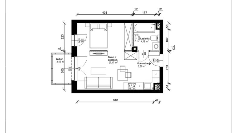 Rzut - Mieszkanie na sprzedaż 1 pokój o powierzchni 34,1 m² - numer B.1.38.1a w ATRIUM