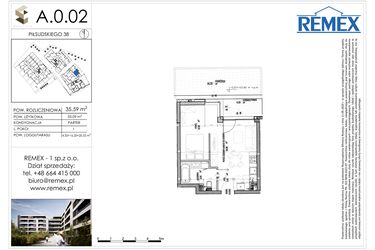 Rzut - Mieszkanie na sprzedaż 1 pokój o powierzchni 35,59 m² - numer A.0.02 w Osiedle BALTICA