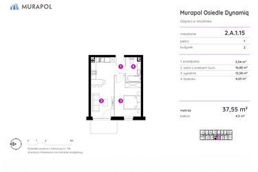 Rzut - Mieszkanie na sprzedaż 2 pokoje o powierzchni 37,55 m² - numer 2.A.1.15 w Murapol Osiedle Dynamiq