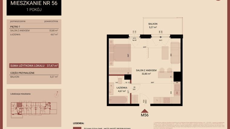 Rzut - Mieszkanie na sprzedaż 1 pokój o powierzchni 37,47 m² - numer 56 w Artepolis