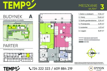 Rzut - Mieszkanie na sprzedaż 2 pokoje o powierzchni 44,15 m² - numer A3 w Osiedle TEMPO