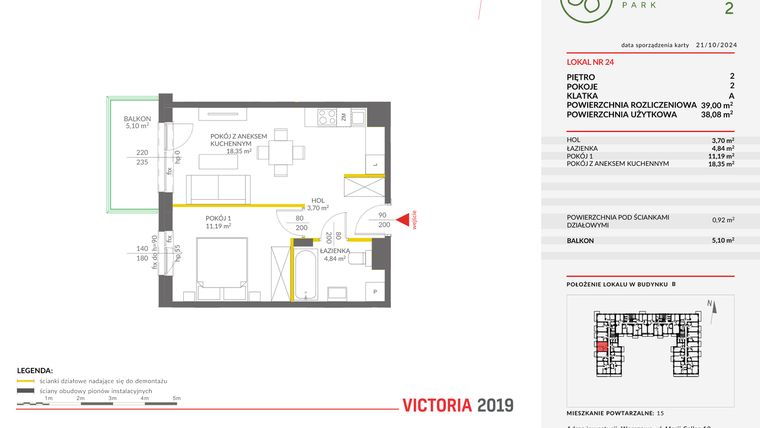Rzut - Mieszkanie na sprzedaż 2 pokoje o powierzchni 39 m² - numer B.24 w Olchowy Park II