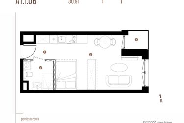 Rzut - Mieszkanie na sprzedaż 1 pokój o powierzchni 30,93 m² - numer A1.1.06 w Belg Apartamenty etap II
