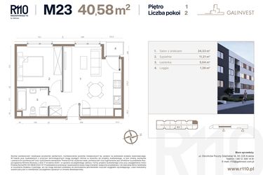 Rzut - Mieszkanie na sprzedaż 2 pokoje o powierzchni 40,58 m² - numer 23 w Radzikowskiego 110