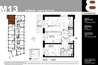 Rzut - Mieszkanie na sprzedaż 3 pokoje o powierzchni 58,47 m² - numer M13 w Sczanieckiej 8