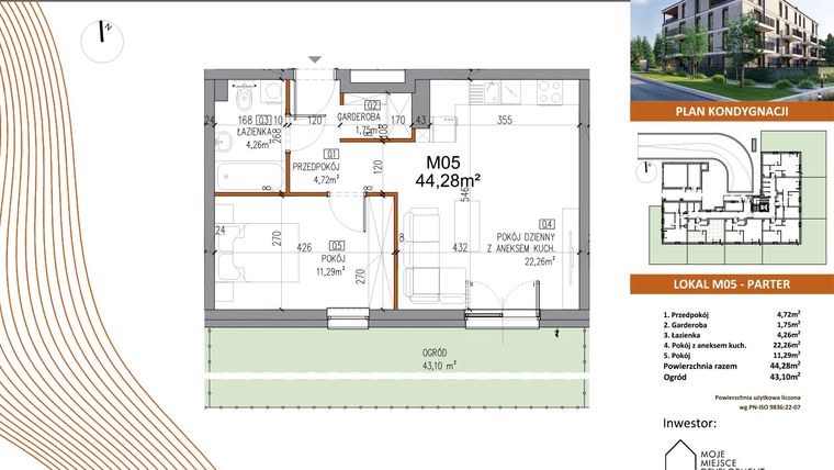 Rzut - Mieszkanie na sprzedaż 2 pokoje o powierzchni 44,28 m² - numer M05 w Villa Terra