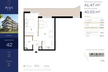 Rzut - Mieszkanie na sprzedaż 2 pokoje o powierzchni 41,47 m² - numer B6M42 w Plaza City