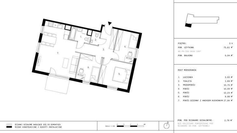 Rzut - Mieszkanie na sprzedaż 4 pokoje o powierzchni 75,61 m² - numer G5.P1 w Podskarbińska 28