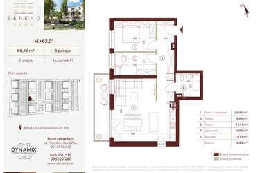 Rzut - Mieszkanie na sprzedaż 3 pokoje o powierzchni 68,46 m² - numer H.M.2.01 w Sereno Park