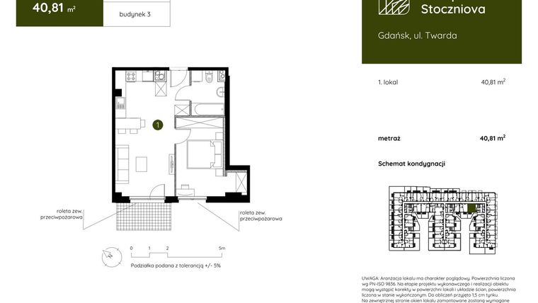 Rzut - Mieszkanie na sprzedaż 1 pokój o powierzchni 40,81 m² - numer 3.E.0.01 w Murapol Stoczniova