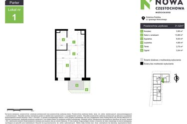 Rzut - Mieszkanie na sprzedaż 2 pokoje o powierzchni 31,52 m² - numer M1 w Nowa Częstochowa Mościckiego