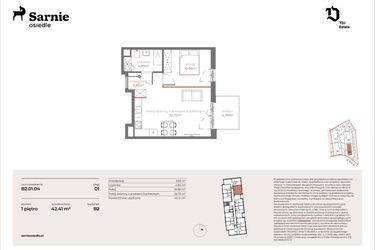 Rzut - Mieszkanie na sprzedaż 2 pokoje o powierzchni 42,41 m² - numer B2-01.04 w Sarnie Osiedle