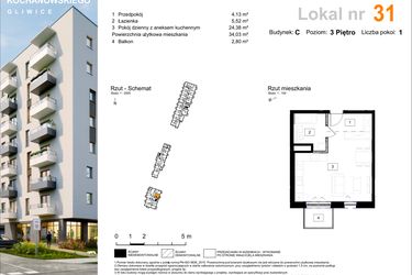 Rzut - Mieszkanie na sprzedaż 1 pokój o powierzchni 34,03 m² - numer C.31 w Osiedle Kochanowskiego - Gliwice