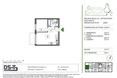 Rzut - Mieszkanie na sprzedaż 2 pokoje o powierzchni 33,8 m² - numer B.0.8 w Ogrody Centrum 2