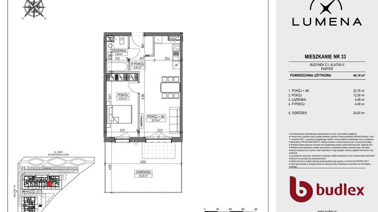 Rzut - Mieszkanie na sprzedaż 2 pokoje o powierzchni 44,14 m² - numer C1.33 w Lumena