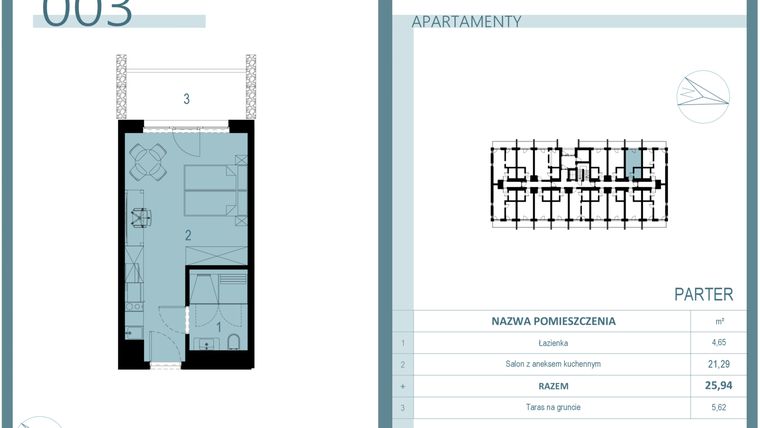 Rzut - Mieszkanie na sprzedaż 1 pokój o powierzchni 26 m² - numer 003 w Linea Mare Mrzeżyno