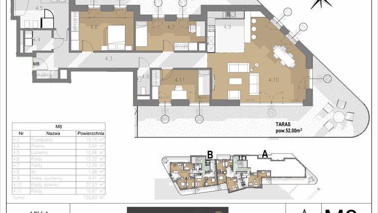 Rzut - Mieszkanie na sprzedaż 4 pokoje o powierzchni 120,83 m² - numer A.M8 w Villa Botanica