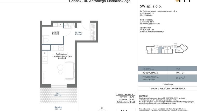 Rzut - Mieszkanie na sprzedaż 1 pokój o powierzchni 25,67 m² - numer M04 w Madalińskiego