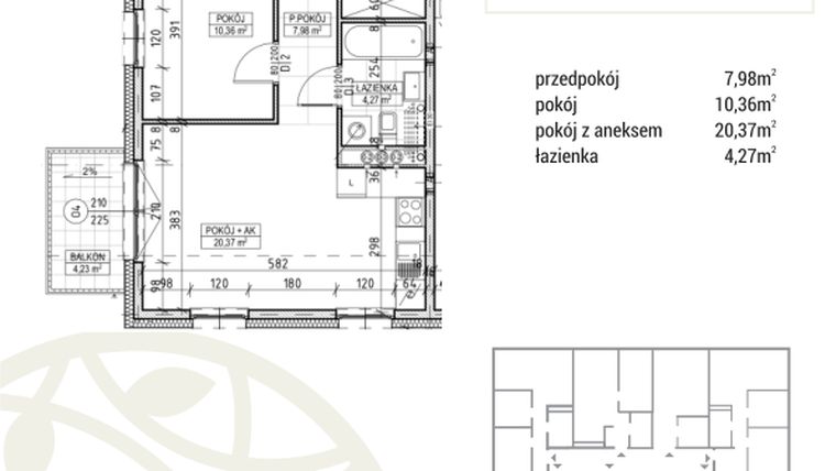 Rzut - Mieszkanie na sprzedaż 2 pokoje o powierzchni 42,98 m² - numer A3.02.16 w Zakątek Flora