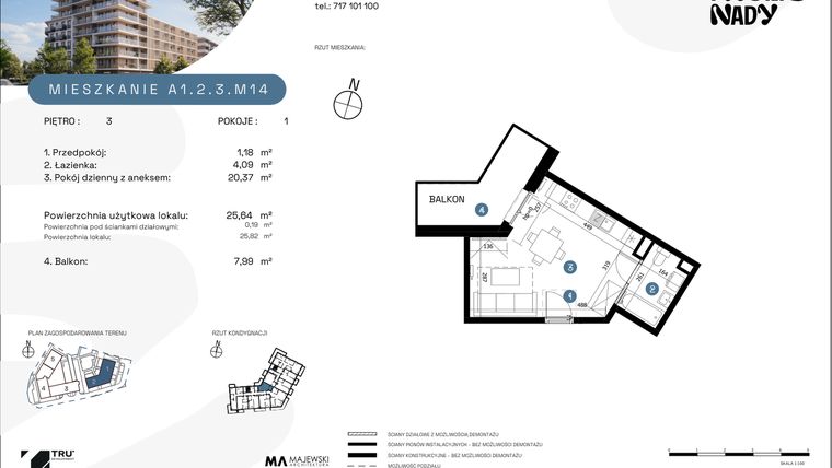 Rzut - Mieszkanie na sprzedaż 1 pokój o powierzchni 25,64 m² - numer A1.2.3.M14 w Nowe Promenady