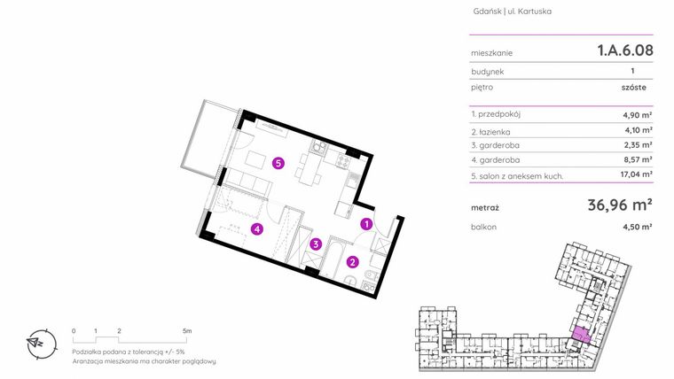 Rzut - Mieszkanie na sprzedaż 1 pokój o powierzchni 36,96 m² - numer 1.A.6.08 w Murapol Scarpa