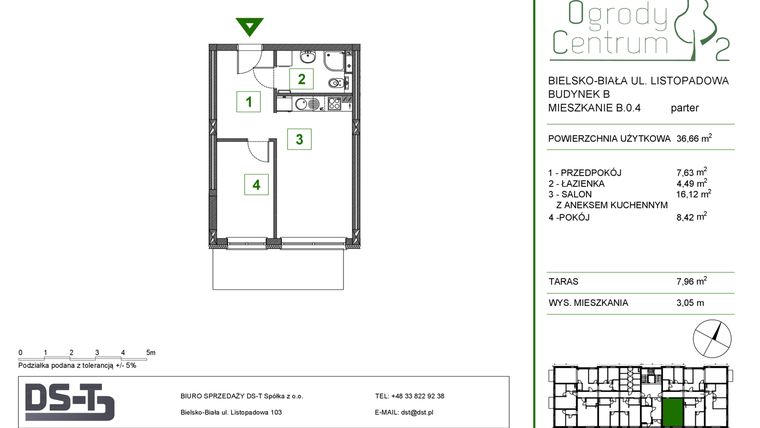 Rzut - Mieszkanie na sprzedaż 2 pokoje o powierzchni 36,66 m² - numer B.0.4 w Ogrody Centrum 2