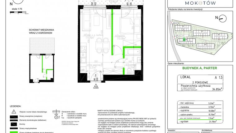 Rzut - Mieszkanie na sprzedaż 2 pokoje o powierzchni 34,85 m² - numer I_A13 w Aura Mokotów