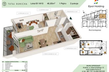 Rzut - Mieszkanie na sprzedaż 2 pokoje o powierzchni 46,85 m² - numer B1.M10 w Tutaj Bunscha