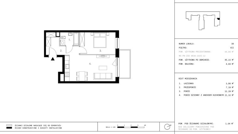 Rzut - Mieszkanie na sprzedaż 2 pokoje o powierzchni 45,22 m² - numer 7.A1 w Staszica 3