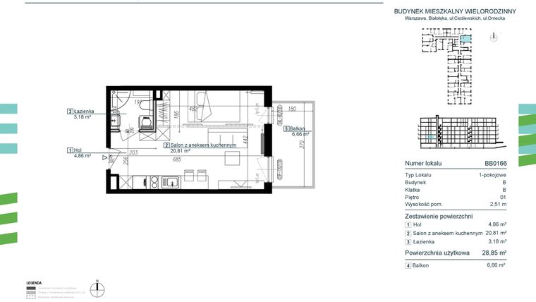 Rzut - Mieszkanie na sprzedaż 1 pokój o powierzchni 28,85 m² - numer BB0166 w Orneko