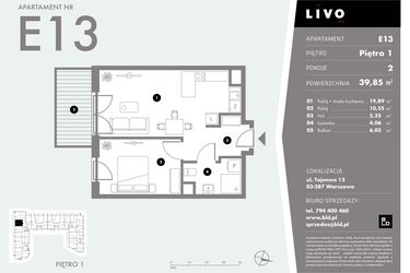 Rzut - Mieszkanie na sprzedaż 2 pokoje o powierzchni 39,85 m² - numer E13 w Livo