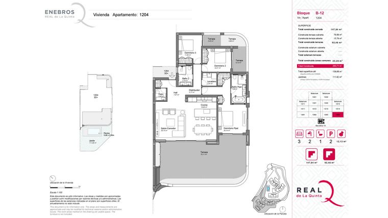 Rzut - Mieszkanie na sprzedaż 3 pokoje o powierzchni 147,94 m² - numer 1204 w Enebros Real de La Quinta