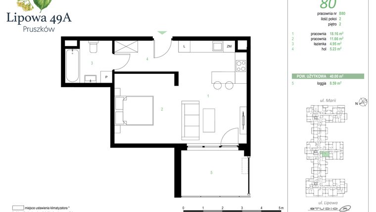Rzut - Mieszkanie na sprzedaż 2 pokoje o powierzchni 40 m² - numer 80B w Lipowa 49A - Apartamenty inwestycyjne