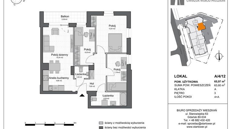 Rzut - Mieszkanie na sprzedaż 4 pokoje o powierzchni 65,97 m² - numer A.4.12 w Star Tower