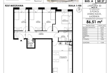 Rzut - Mieszkanie na sprzedaż 5 pokoi o powierzchni 86,51 m² - numer JAR-A-LM-M37 w Osiedle JAR Heweliusza