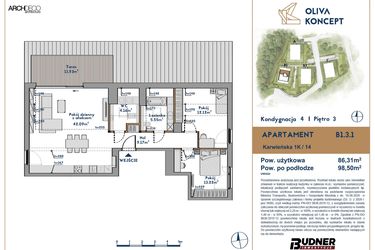 Rzut - Mieszkanie na sprzedaż 3 pokoje o powierzchni 86,31 m² - numer B1.3.1 w Oliva Koncept II