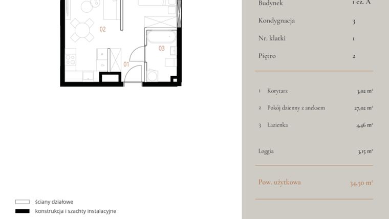 Rzut - Mieszkanie na sprzedaż 1 pokój o powierzchni 34,5 m² - numer M013 w MURANO