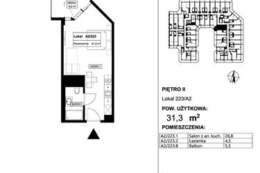 Rzut - Mieszkanie na sprzedaż 1 pokój o powierzchni 31,3 m² - numer 223 w Apollo Resort