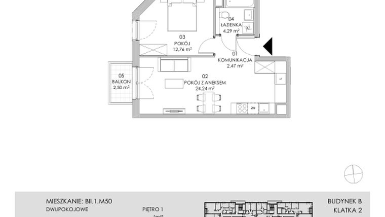 Rzut - Mieszkanie na sprzedaż 2 pokoje o powierzchni 43,76 m² - numer BII.1.M50 w Przewóz 42 ATAL II